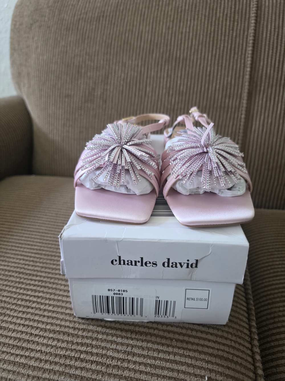 Charles David Rhinestone Pom-Pom Satin Flat Sandals (Pink) - Picture 3 of 6